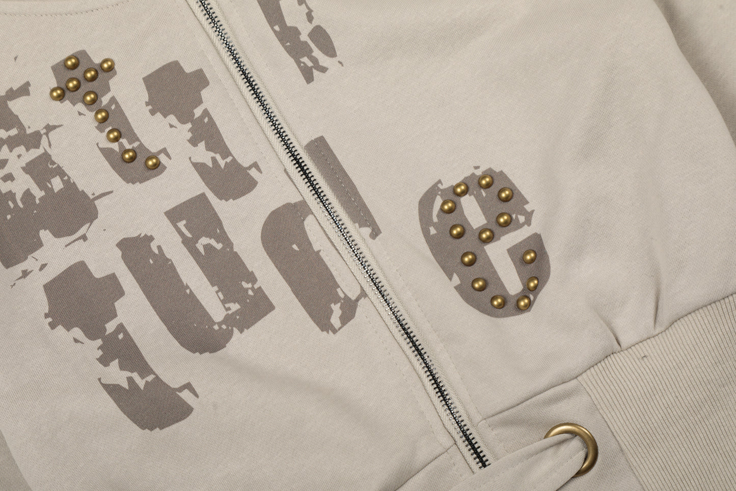 Attitude Rivet Letter Distressed Crop Zip Hoodie Studded Waist Buckle Y2K Streetwear Sweatshirt