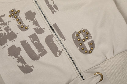 Attitude Rivet Letter Distressed Crop Zip Hoodie Studded Waist Buckle Y2K Streetwear Sweatshirt