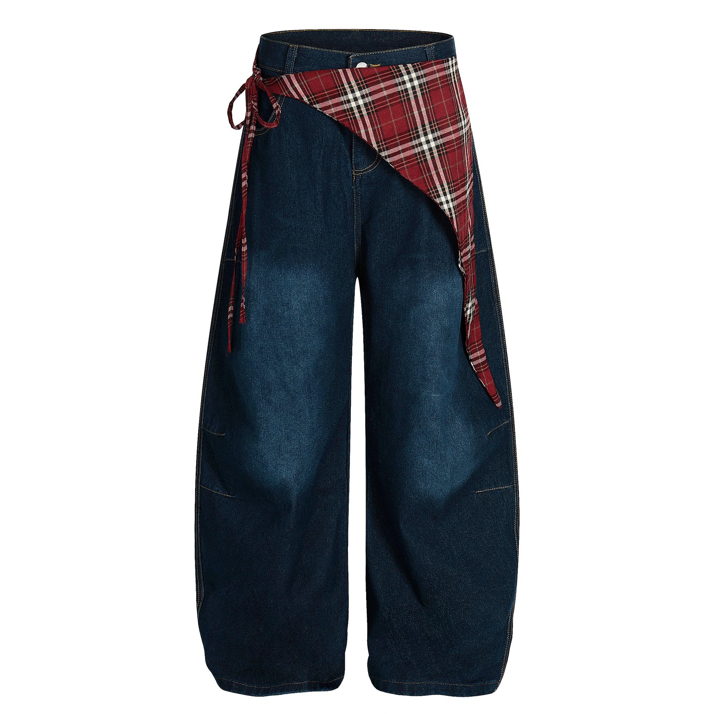 Women's Red Plaid Triangle Waist Z Flag Balloon Wide Leg Denim Jeans - Blue Back View