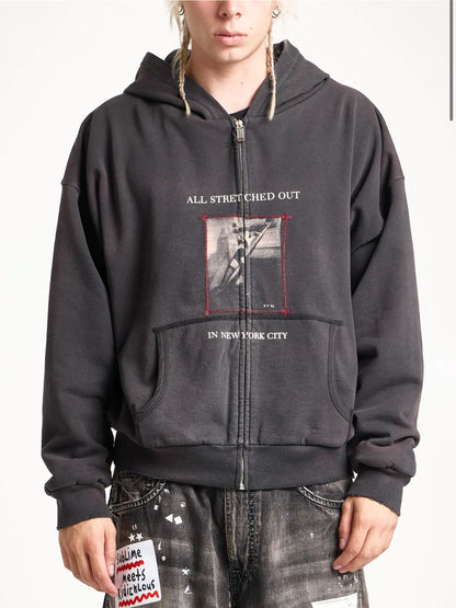 Stretched Out Thermal Lined Zip Up Hoodie - Washed Black