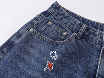 Cartoon Sticker Print Wide Leg Denim Shorts Plaid Handkerchief Waist Detail High Waist Casual Streetwear Baggy Jean Shorts | Sticker Hanky
