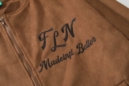 Oversized FLN Letter Embroidery Bomber Jacket Zip Up Suede Texture Streetwear Casual Fall Outerwear