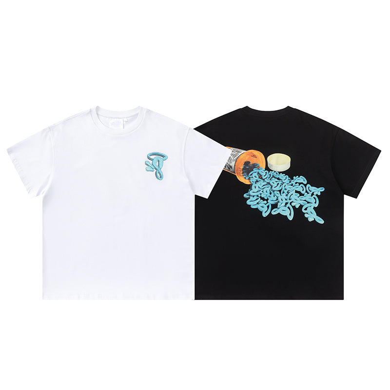 White crew neck short sleeve graphic T-shirt with small blue chest graphic - view 14