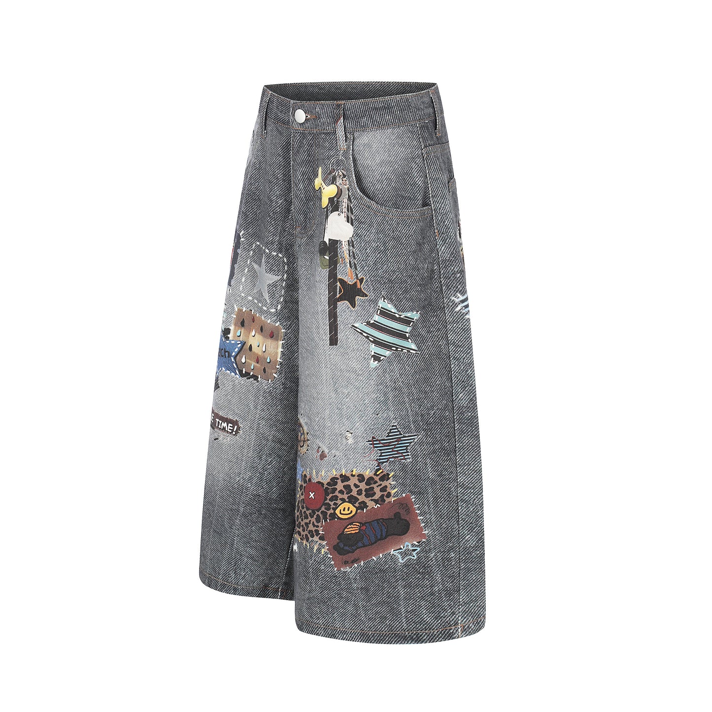 Women's Multi Patch Embroidery Charm Washed Denim Shorts - Front & Back Comparison