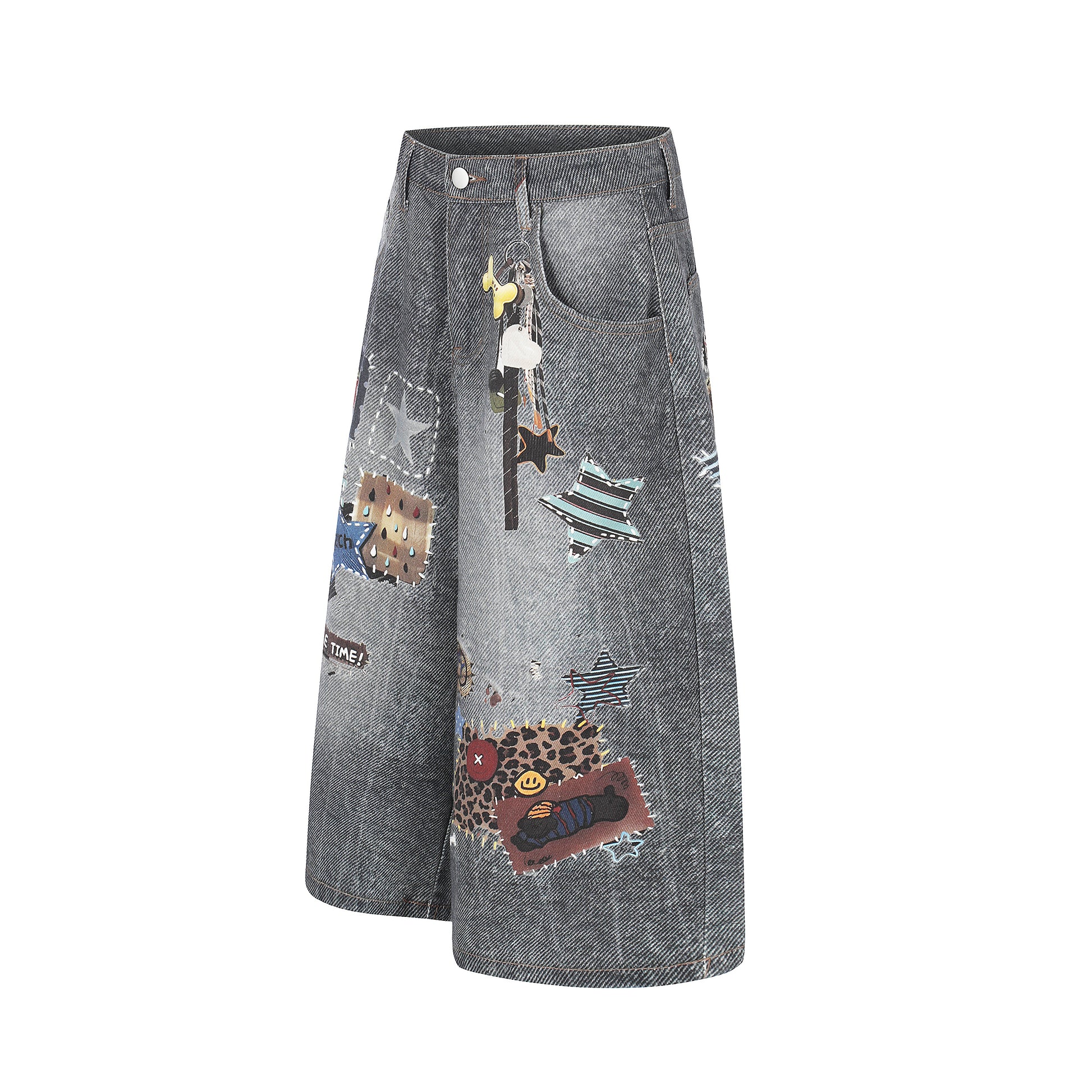 Women's Multi Patch Embroidery Charm Washed Denim Shorts - Front & Back Comparison