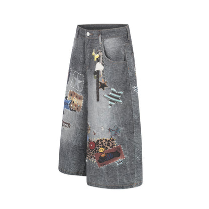 Women's Multi Patch Embroidery Charm Pendant High Waist Washed Denim Shorts Y2K Streetwear Bermuda Jean Shorts