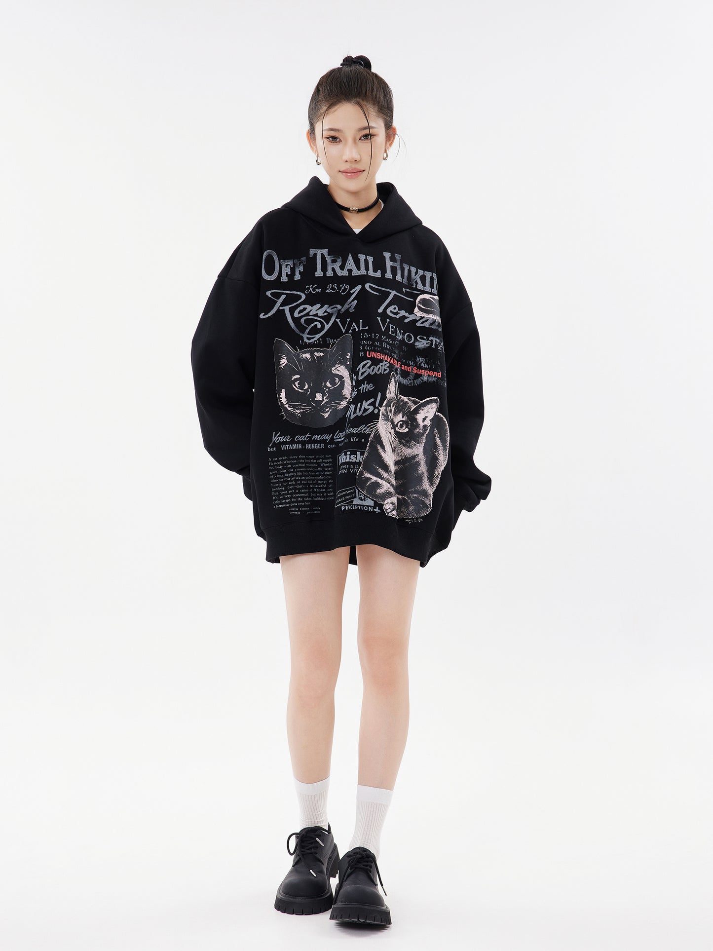 Black Off Trail Hiking dual cat newspaper graphic hoodie front view model