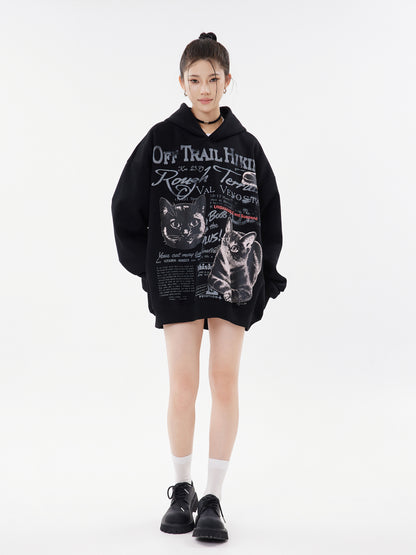 Off Trail Hiking Rough Terrain Dual Cat Newspaper Graphic Oversized Hoodie Streetwear Y2K Sweatshirt