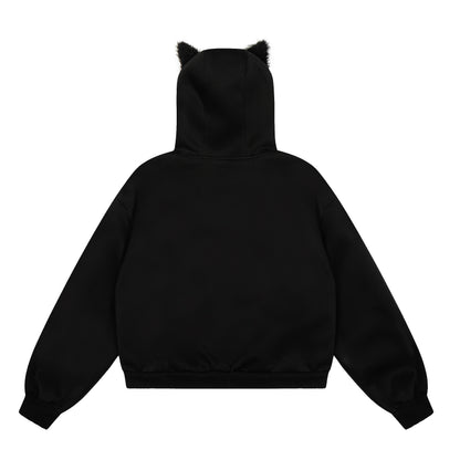 Cat Rivet 3D Cat Ear Rivet Zip Up Hoodie Oversized Streetwear Y2K Egirl Grunge Fleece Lined Sweatshirt | Cat Rivet
