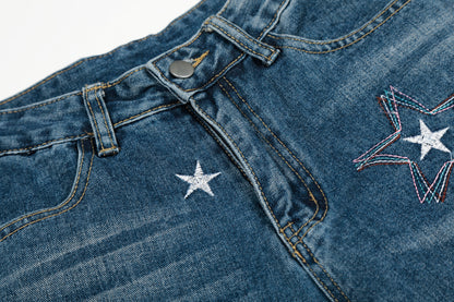 Star Embroidery Wide Leg Barrel Jeans High Waist Washed Y2K Streetwear Denim Pants