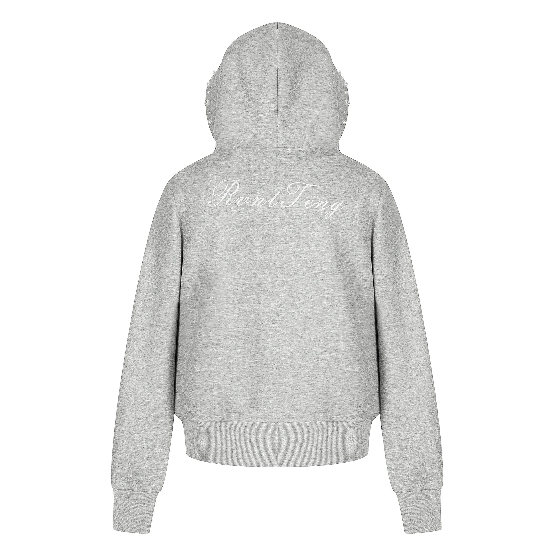 Women's RvntTeng Pearl Studded Hood Pocket Zip Hoodie - Grey Back View