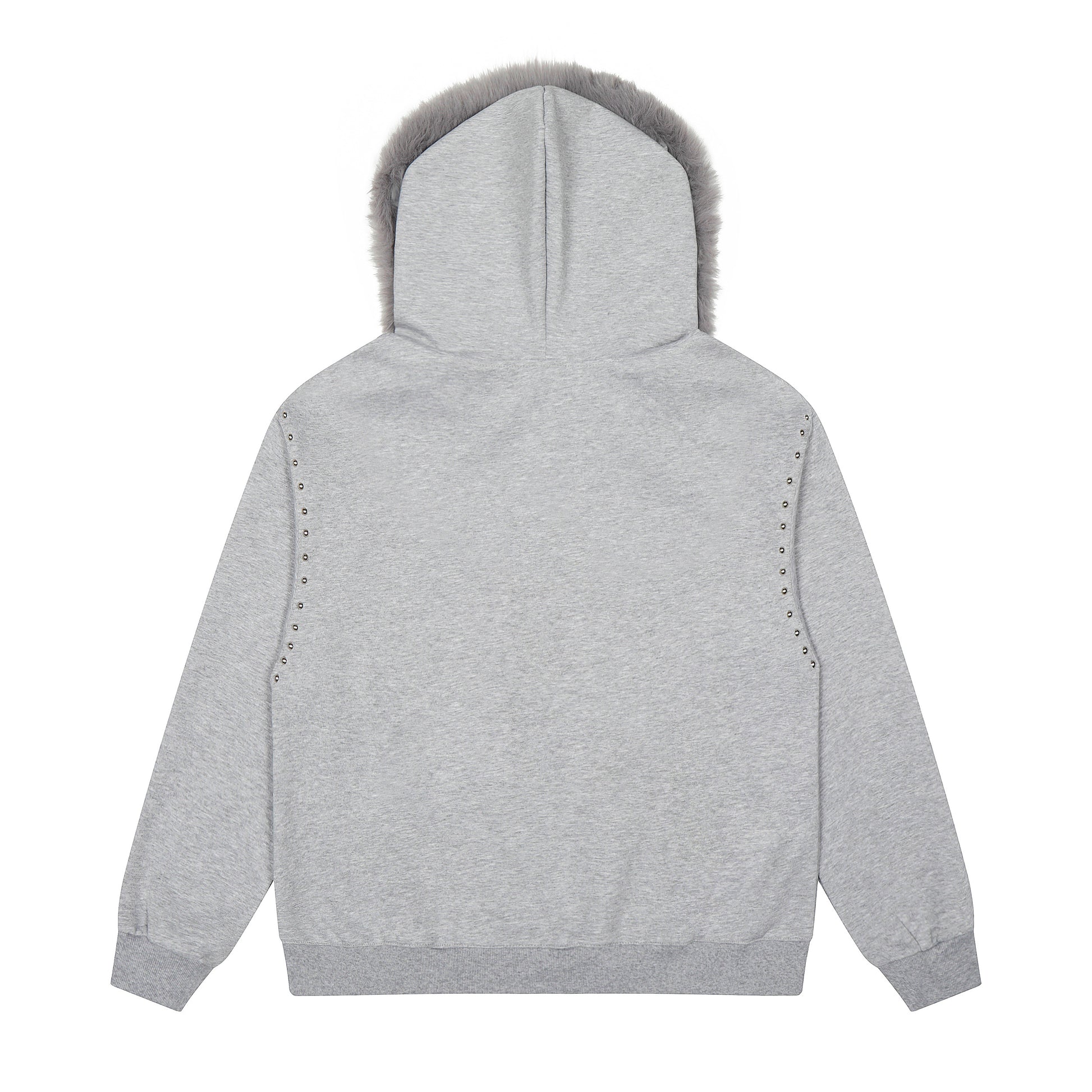 Faux Fur Hood Studded Half Zip Hoodie - Gray Front Close-up