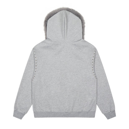 Faux Fur Hood Trim Studded Half Zip Hoodie Metal Badge Oversized Streetwear Y2K