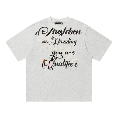 Ausleben Dazzling Script Graphic Oversized Tee Cursive Print Streetwear Y2K Short Sleeve T-Shirt