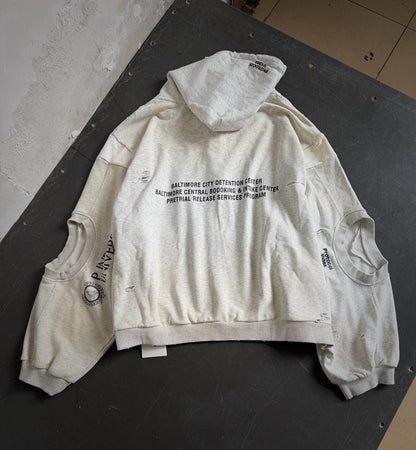 Protocol Index Shield Badge Print Spliced Zip Hoodie Distressed Washed Embroidered Streetwear | Shield Smock