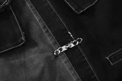 Oversized Two-Tone Denim Jacket Chain Detail Washed Vintage Streetwear Casual Fall Outerwear