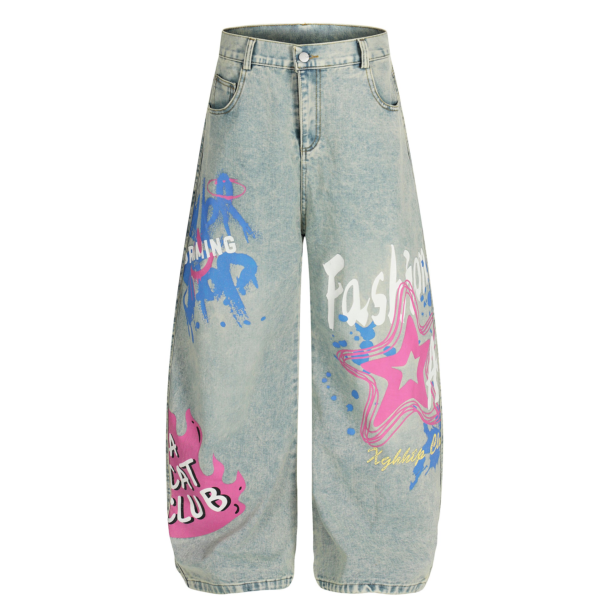 Star graffiti barrel leg jeans light blue - back view