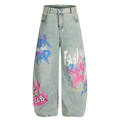Star Graffiti Print Barrel Leg Jeans High Waist Washed Wide Leg Denim Streetwear Y2K Graphic Pants | Star Club