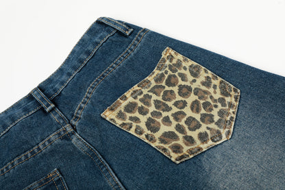 Leopard Patchwork Raw Edge Wide Leg Barrel Jeans Charm Pendant High Waist Washed Y2K Streetwear
