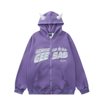 GEESAS San Diego Devil Horn Zip-Up Fleece Hoodie Oversized Streetwear Y2K Grunge Warm Winter Pullover Sweatshirt | Devil Horn