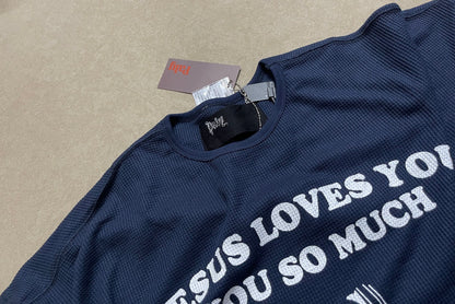 Eternal Life Graphic Print Long Sleeve Waffle Knit Oversized Tee Jesus Loves You Navy Streetwear Top | Eternal Navy