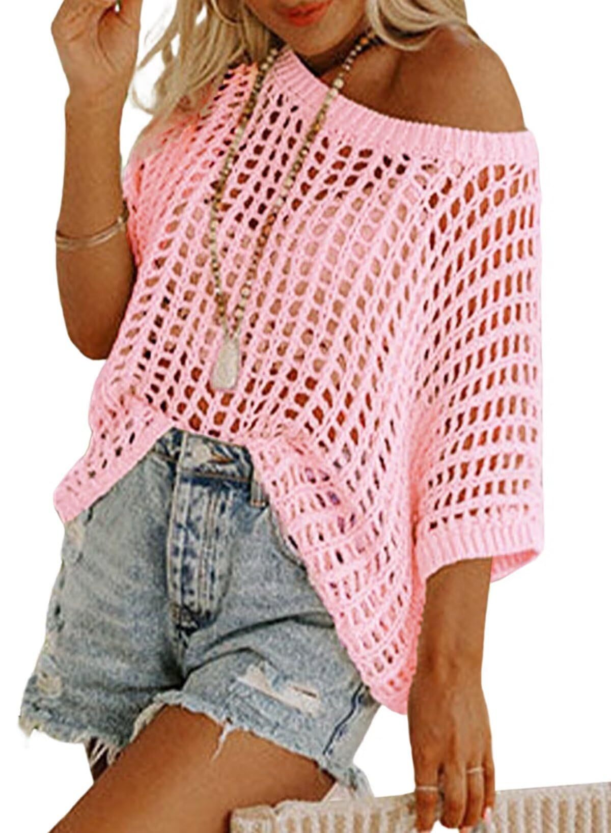 Dokotoo Damen Sommerpullover mit U-Ausschnitt, kurzärmelig, lässig, Häkel-Strickoberteil, Strand-Überzug