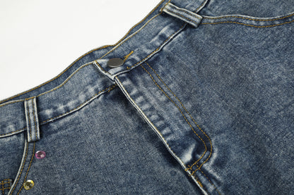 Women's Script Embroidery Rhinestone Wide Leg Denim Shorts High Waist Washed Casual Streetwear Jean Shorts