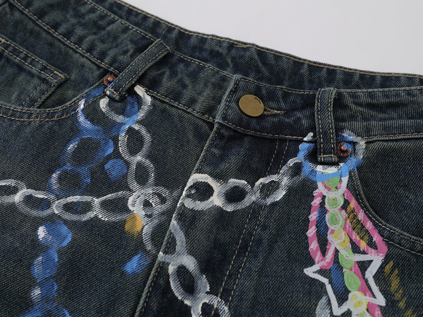 Chain Graphic Print Denim Shorts Wide Leg High Waist Washed Dalmatian Dog Charm Streetwear Summer Casual Jean Shorts | Chain Pup