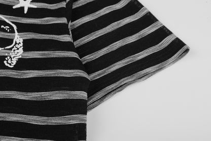 Twin Stallion Star Embroidery Stripe Polo Short Sleeve Oversized Streetwear Y2K Vintage Cotton Knit Top | Twin Stallion