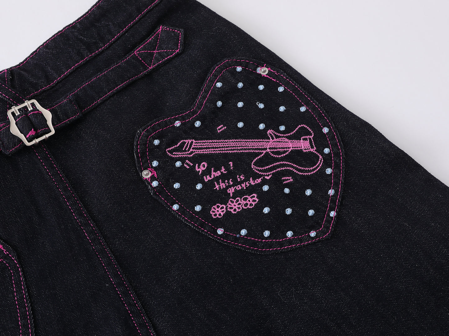 Heart Pocket Guitar Embroidery Wide Leg Denim Shorts Pink Stitch Button Fly Rhinestone Streetwear Baggy Jean Shorts | Rock Heart