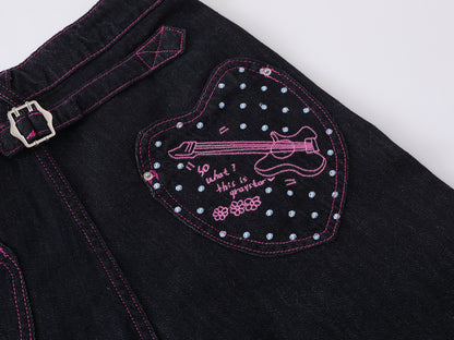 Heart Pocket Guitar Embroidery Wide Leg Denim Shorts Pink Stitch Button Fly Rhinestone Streetwear Baggy Jean Shorts | Rock Heart