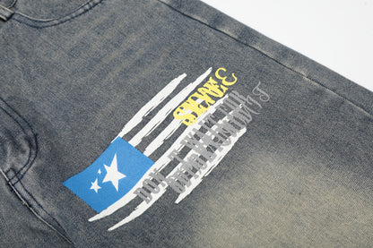 Number 18 Star Flag Print Wide Leg Denim Shorts High Waist Washed Vintage Streetwear Summer Casual Shorts
