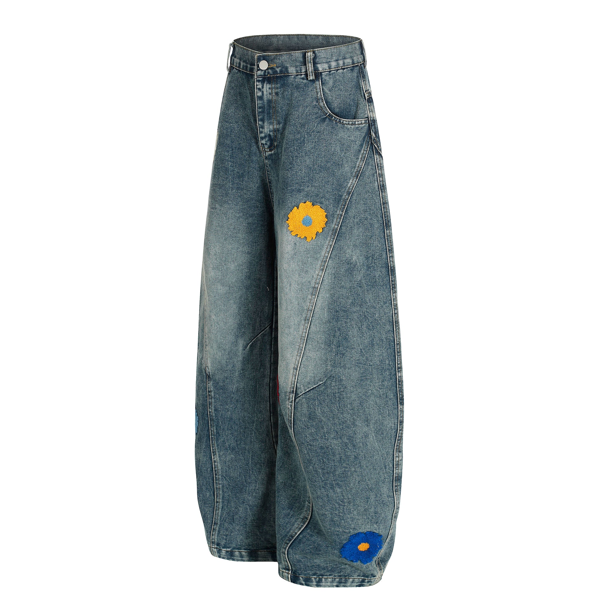 Women's Multicolor Daisy Floral Embroidery Balloon Wide Leg Denim Jeans - Blue Side View