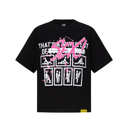 Black unisex graphic T-shirt with bold pink and white front and back prints - view 14