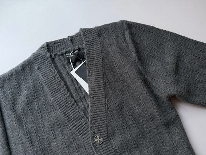 Asymmetrical Distressed Cashmere Cardigan - Tweed Gray