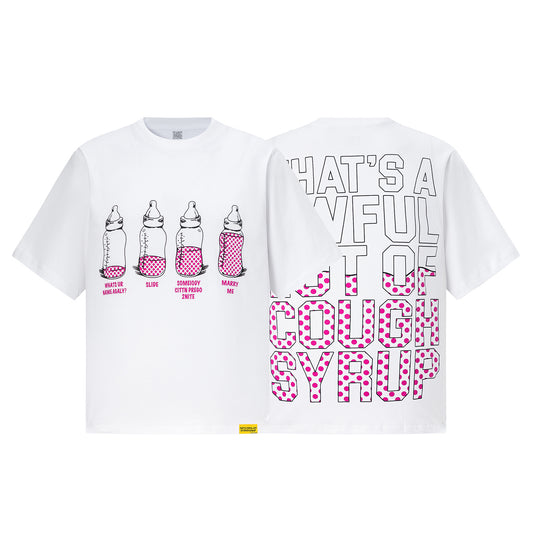 White crew neck graphic T-shirt with baby bottle artwork and pink polka dot text - view 14