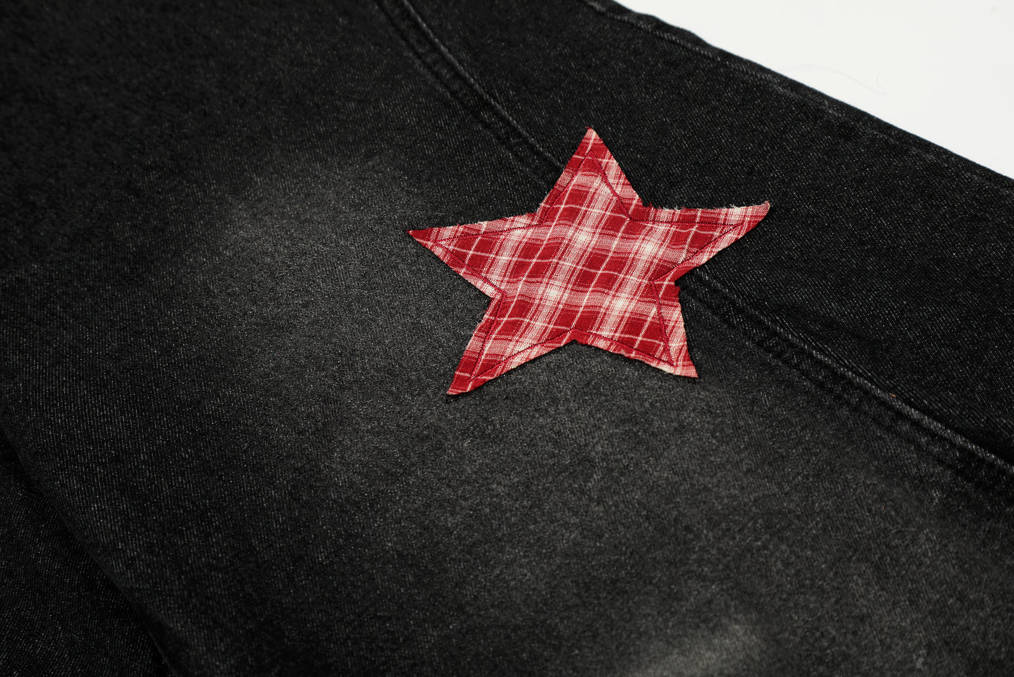 Women's Rvnteng Plaid Star Applique Patch Balloon Wide Leg Denim Jeans High Waist Vintage Wash Y2K Streetwear Baggy Jean Pants