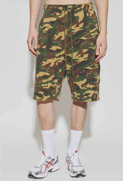 Tribal camo-printed denim shorts