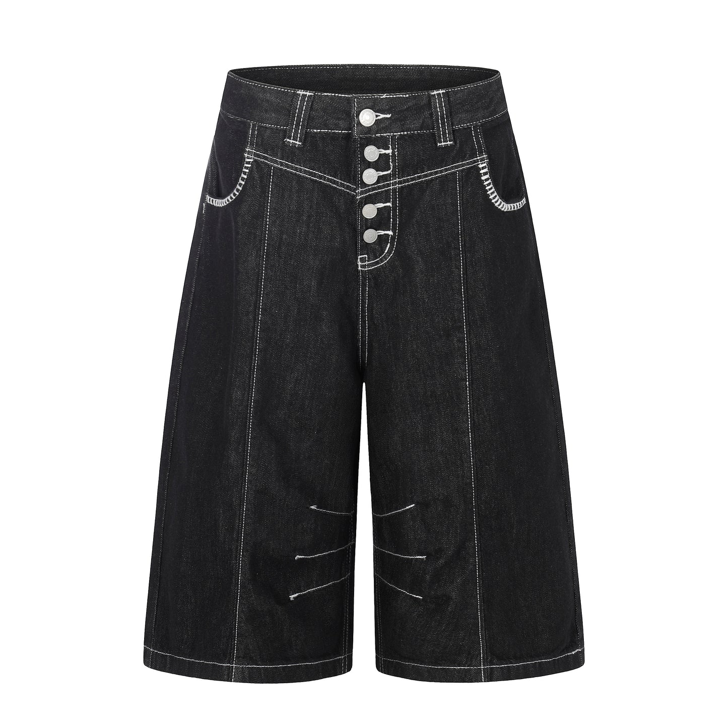 Women's Contrast Stitch 5-Button Wide Leg Denim Shorts - Black Front View