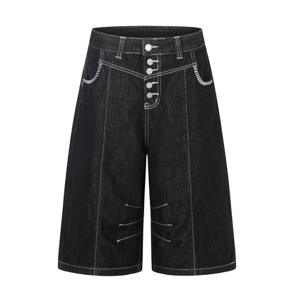 Women's Contrast Stitch 5-Button High Waist Wide Leg Denim Shorts Distressed Bermuda Y2K Streetwear Jean Shorts