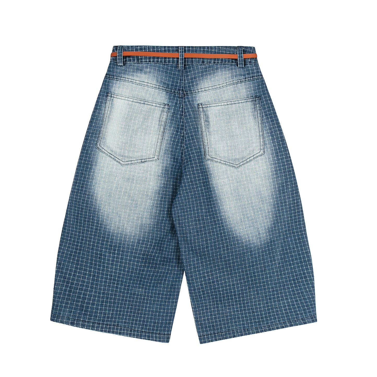 Grid Jacquard Washed Wide Leg Denim Shorts - Blue Front Close-up