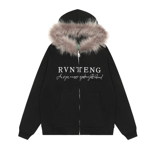 Women's RVNTENG Faux Fur Hood Fleece Lined Full Zip Hoodie - Black Front View
