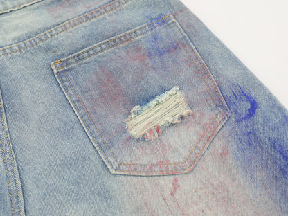 Paint Splash Distressed Ripped Denim Shorts Wide Leg High Waist Washed Streetwear Summer Casual Jean Shorts | Violet Wreck