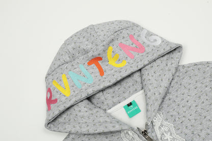 Women's RVNTENG Rainbow Letter Print Scattered Dot Lace Trim Full Zip Hoodie Sweatshirt Oversized Y2K Streetwear Jacket