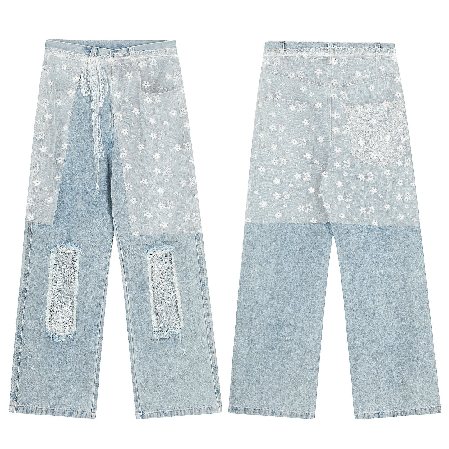 Women's Lace Belt Floral Patchwork Ripped Wide Leg Jeans - Blue Front & Back Comparison
