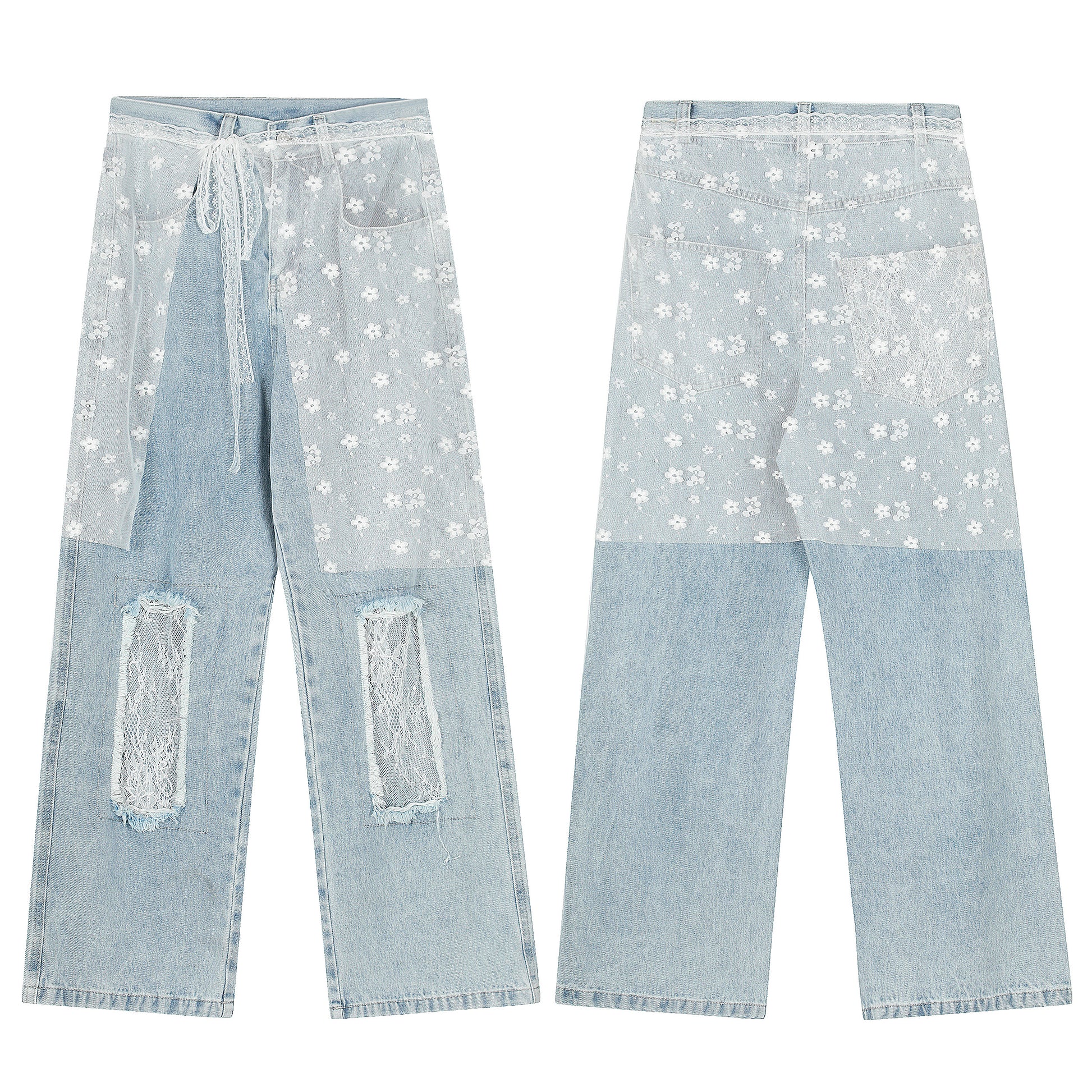 Women's Lace Belt Floral Patchwork Ripped Wide Leg Jeans - Blue Front & Back Comparison
