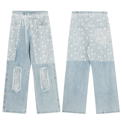 Women's Lace Belt Floral Print Patchwork Lace Ripped Wide Leg Jeans High Waist Y2K Vintage Wash Denim Trousers