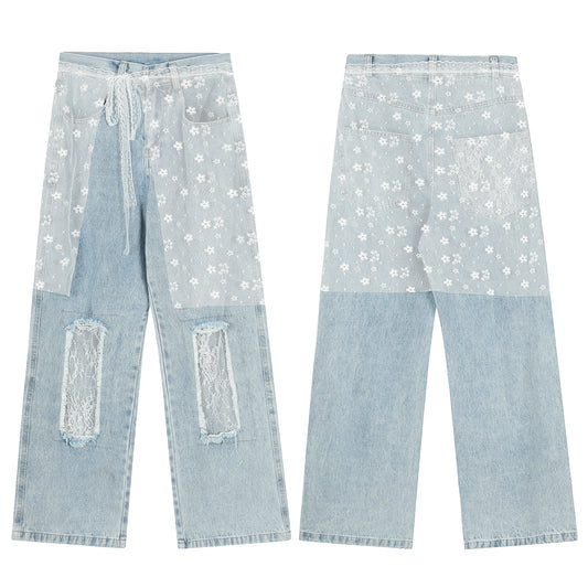 Women's Lace Belt Floral Patchwork Ripped Wide Leg Jeans - Blue Front & Back Comparison