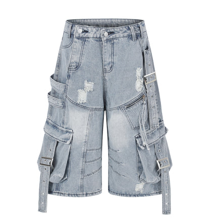 Women's Multi-Pocket Buckle Strap Distressed Denim Shorts High Waist Wide Leg Raw Hem Casual Streetwear Jean Shorts