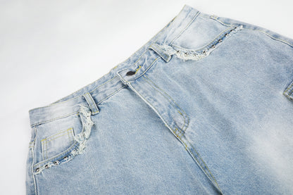 Women's Lace Trim Rhinestone Floral Cargo Wide Leg Jeans High Waist Light Wash Casual Streetwear Denim Pants